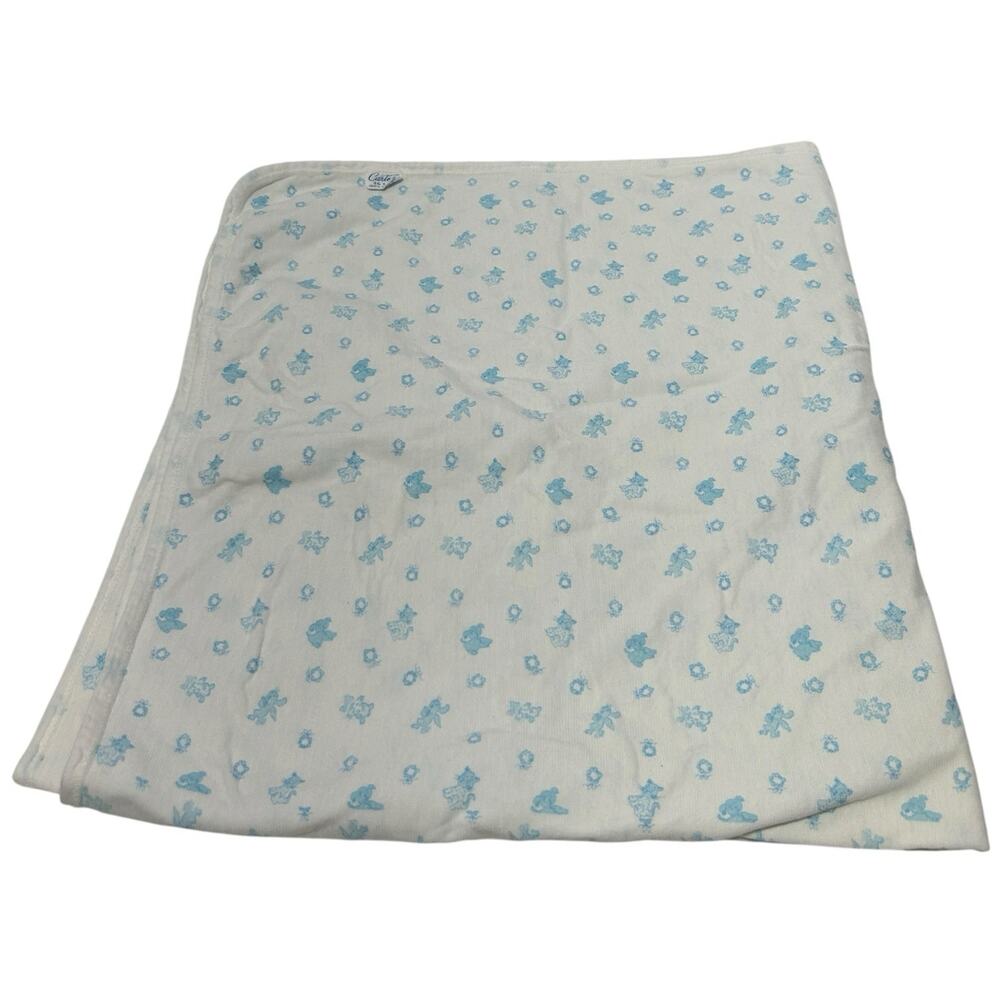 Vintage Carters Cotton Baby Blanket Blue White Wreaths Bunnies Dogs Cats